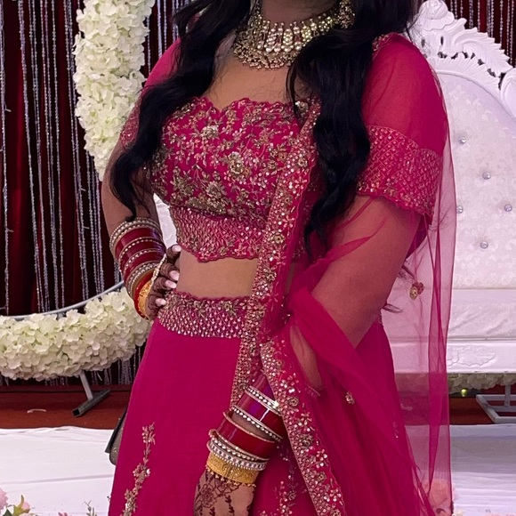 Magenta pink raw silk lehenga set - Picture 5 of 5